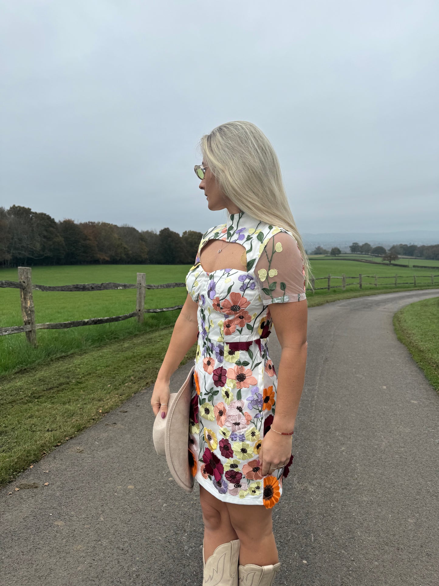 Flower Embroidered High neck White Mini Dress