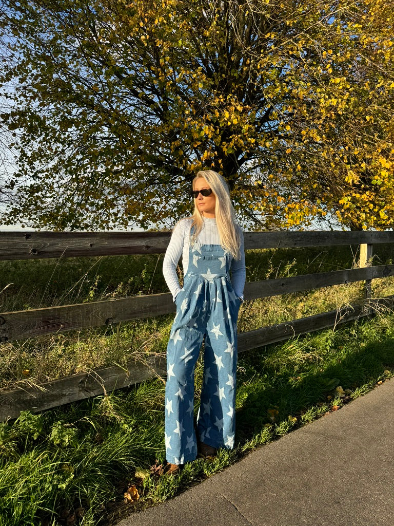 Star Print Denim Dungarees