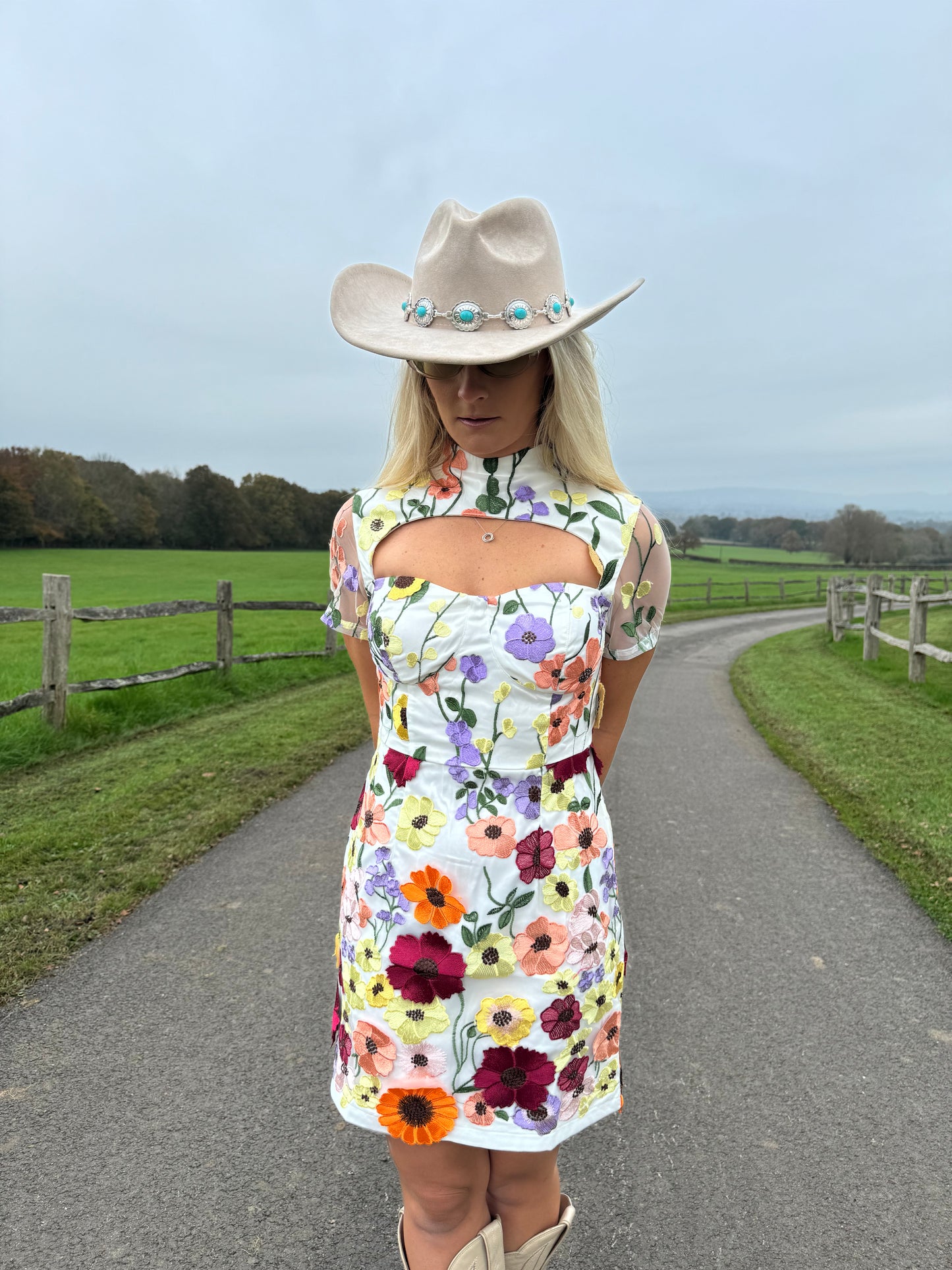 Flower Embroidered High neck White Mini Dress