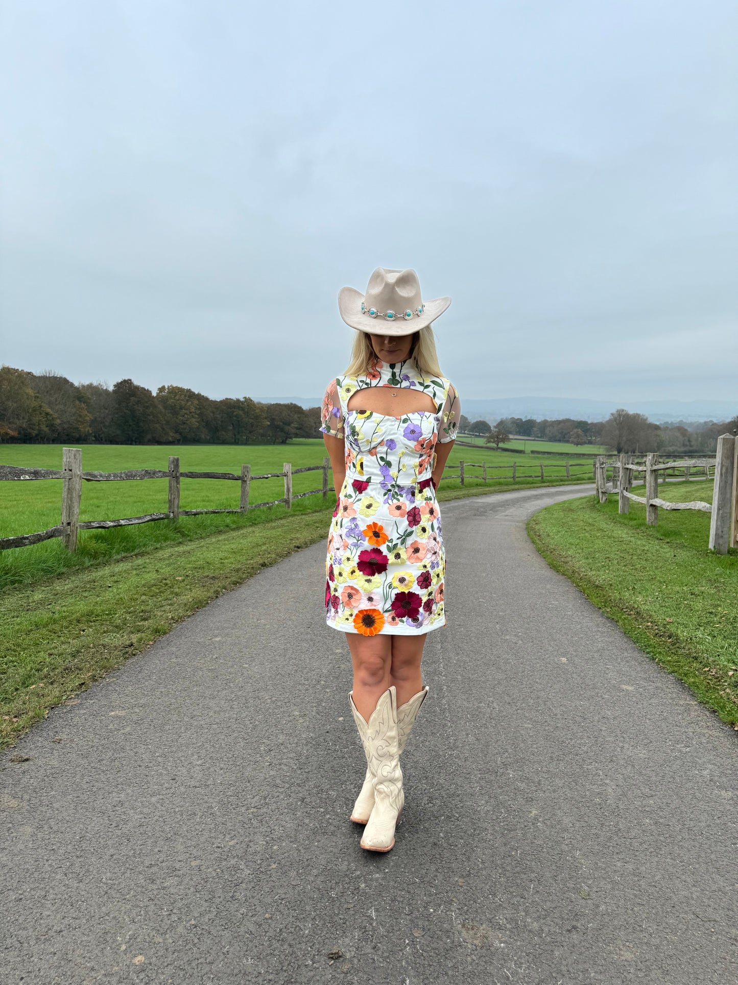 Flower Embroidered High neck White Mini Dress